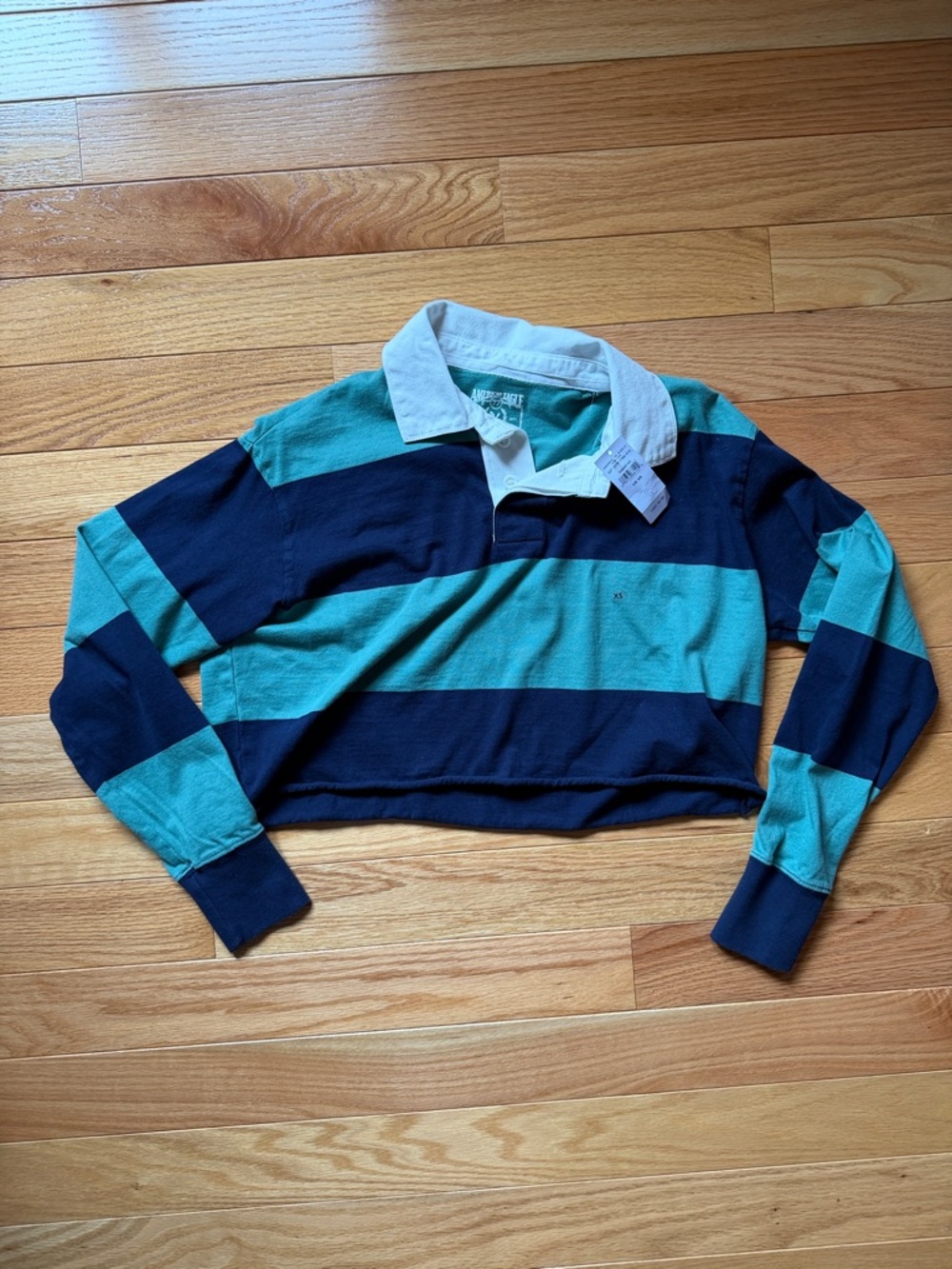American Eagle Cropped Rugby Polo in Teal & Navy, Size XS